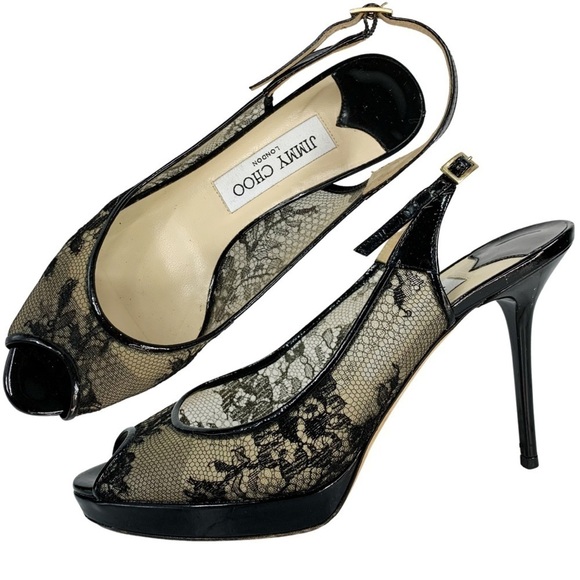 Jimmy Choo Nova Black Floral Lace Mesh Slingback Sandal Heels 37.5 - Picture 1 of 16